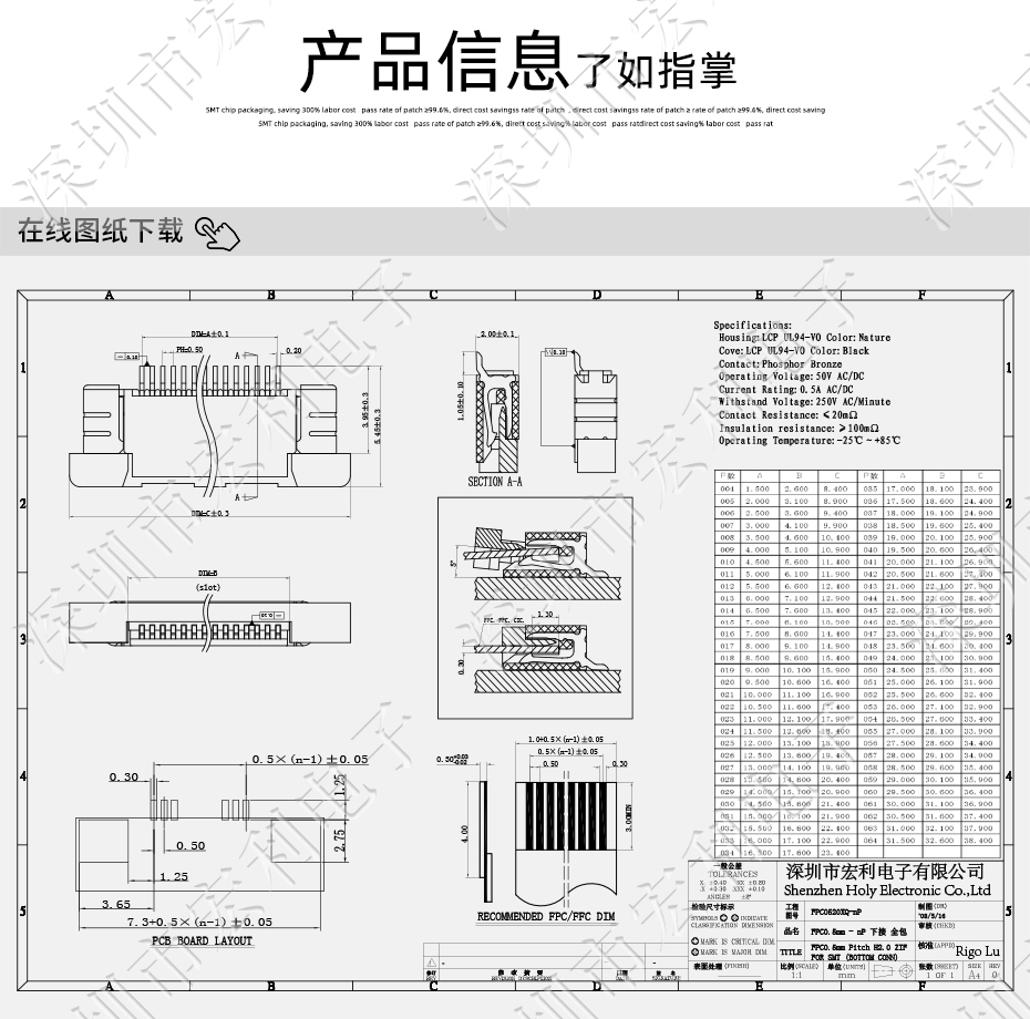 青青草手机视频 FFC/FPC扁平电缆插座 连接器 0.5MM连接器 60P 抽屉式 下接